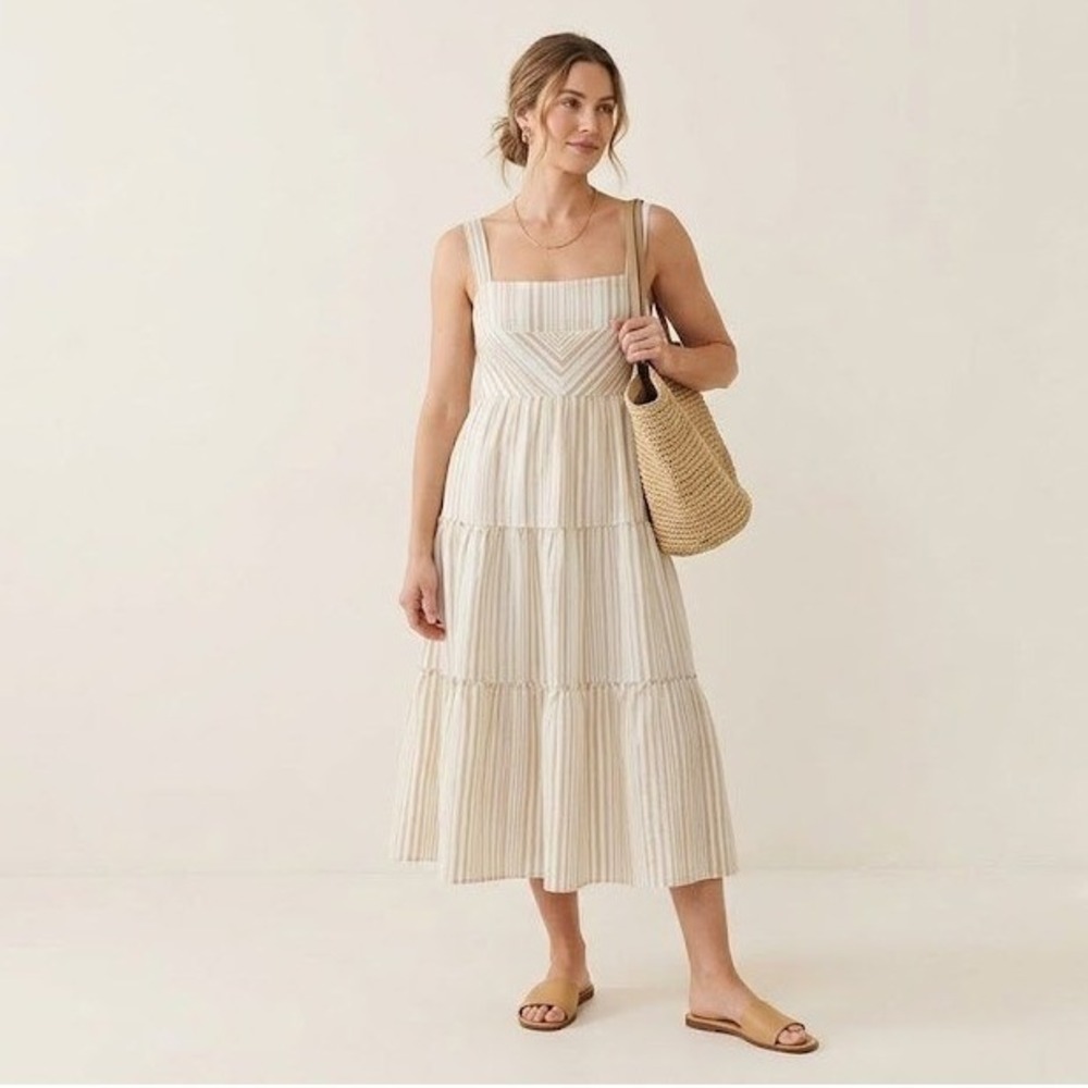 Storia Linen Midi Dress Medium M Beige Cream Striped Tiered Open Back Resortwear